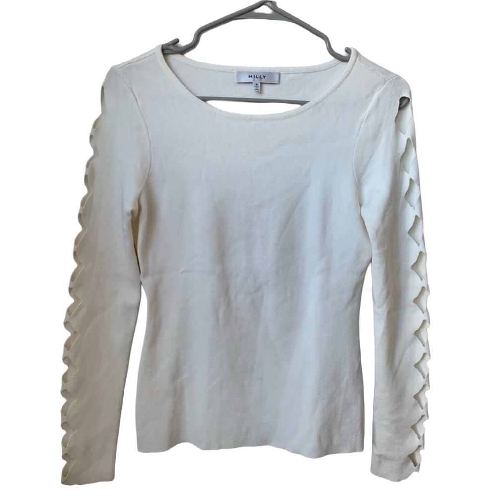 MILLY Women’s Cream Long Sleeve Sweater with Diamond Cutouts on Arms